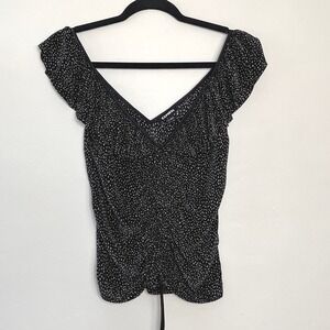EXPRESS Women's S Y2K Grunge Glam Black White Polka Dot Ruched Double-V Neck Top